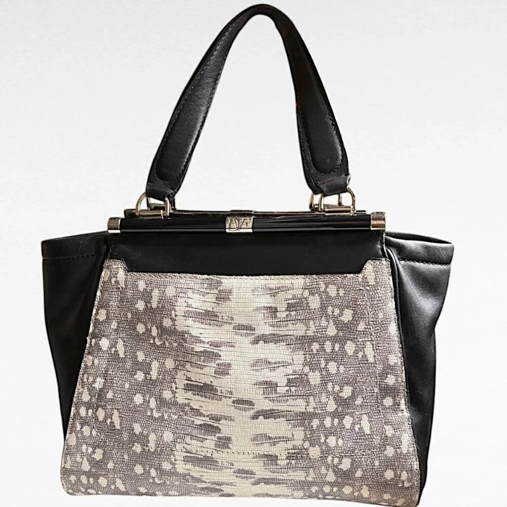 Diane von Furstenberg 440 Breakaway Black White Embossed Leather Satchel
